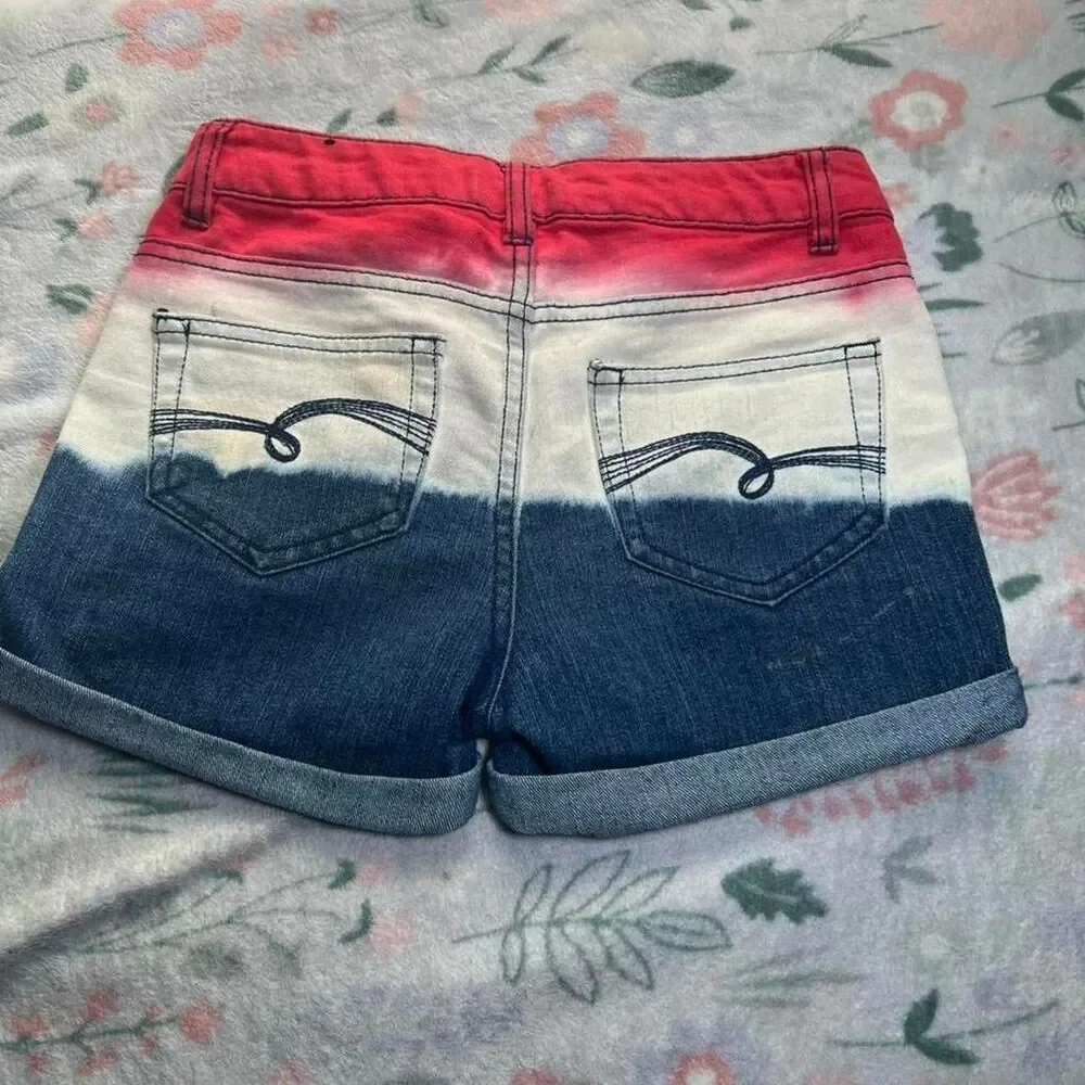Justice Patriotic Red White Blue Ombre Denim Shorts 12S Rhinestones Y2K Kidcore